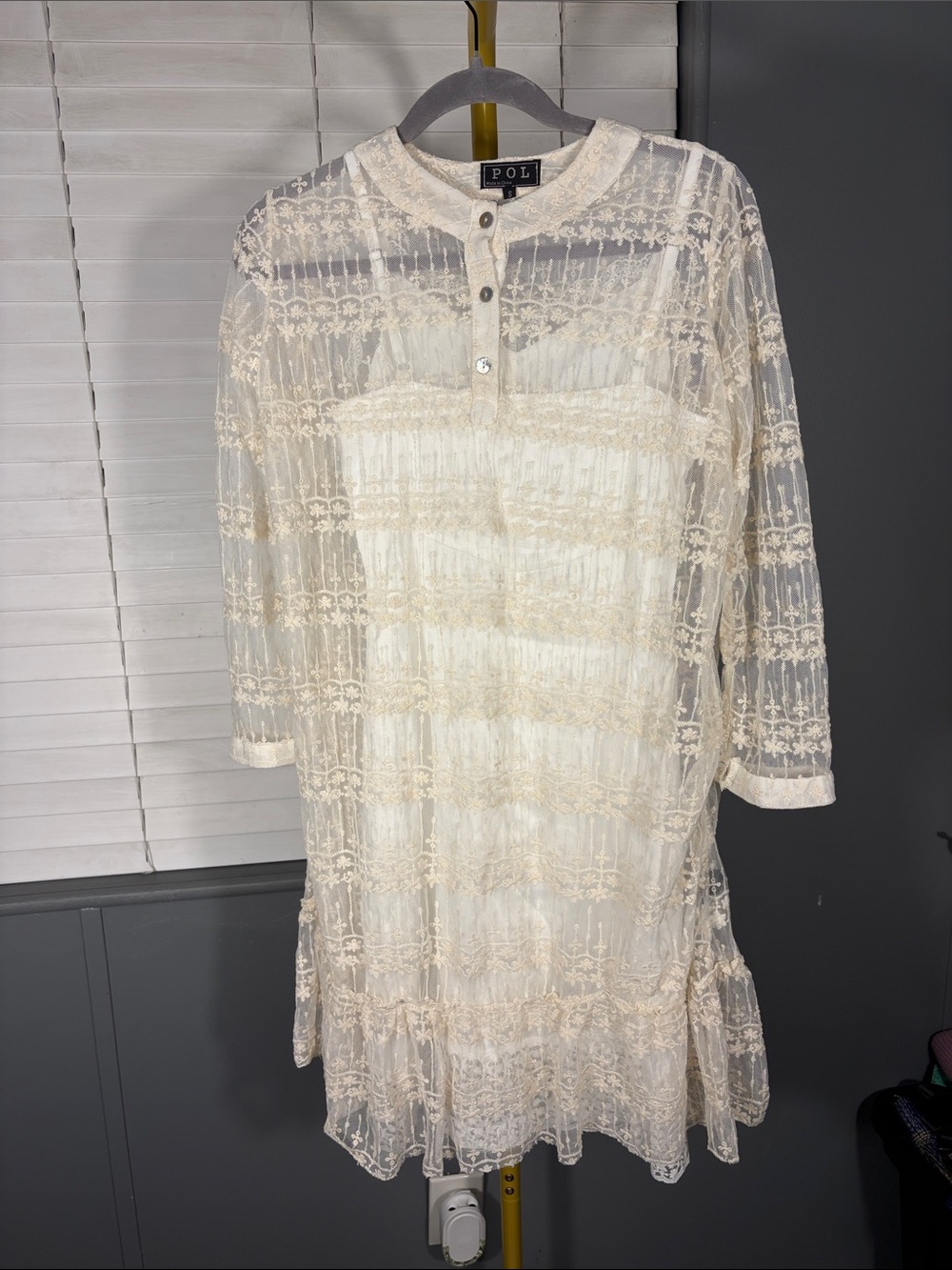 POL Cream Sheer Lace Midi Dress with Embroidered Stripes